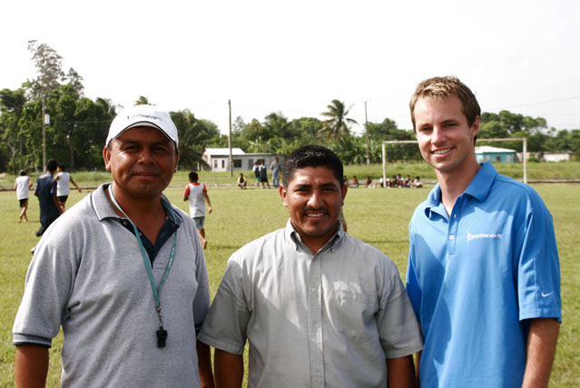 Zac with indigenous leadership pioneers Jesus Ek and Obed Lopez. Ek has served as the coordinator for intramural programs for primary schools, helping to grow the programs to 16 schools serving 8,000 children. Lopez used his physiotherapy background and opened the first physiotherapy clinic in nearby Corozal Town where he earns money from those who can pay and offers his services to those who cannot. In 2009, he helped an elderly woman learn to walk again after a severe stroke.