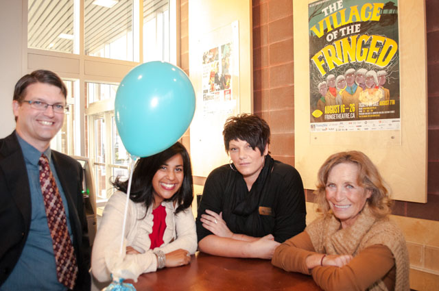 Fundraising event. From left to right: Andrew, Racqel, resident, and counsellor